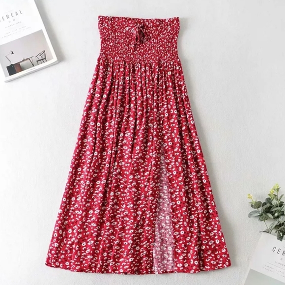 ×2 Red Floral Cotton Midi Skirt and Flutter Sleeve Top Set - Picture 6 of 13